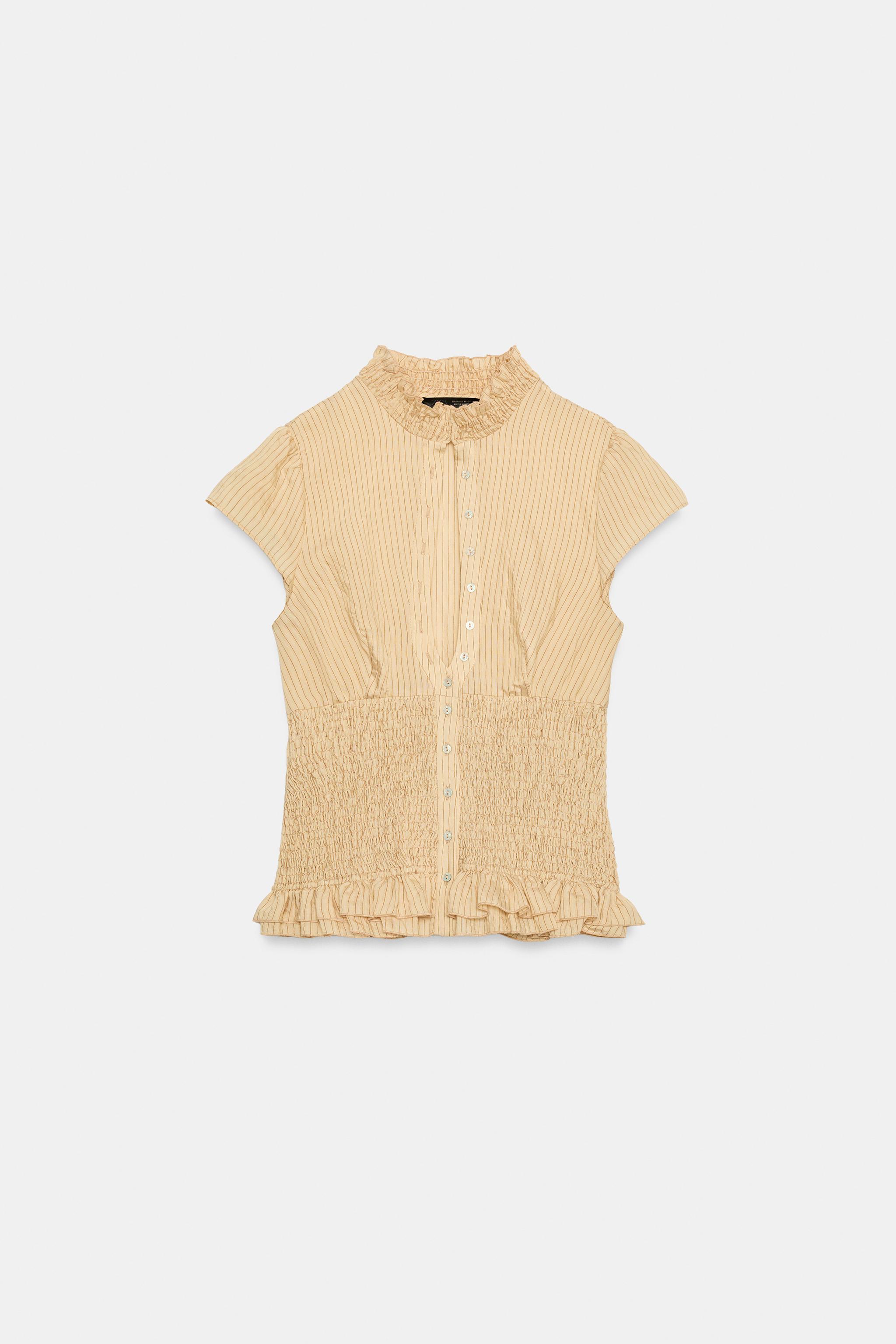 CHEMISE À RAYURES VOLANTS ET NID D'ABEILLE